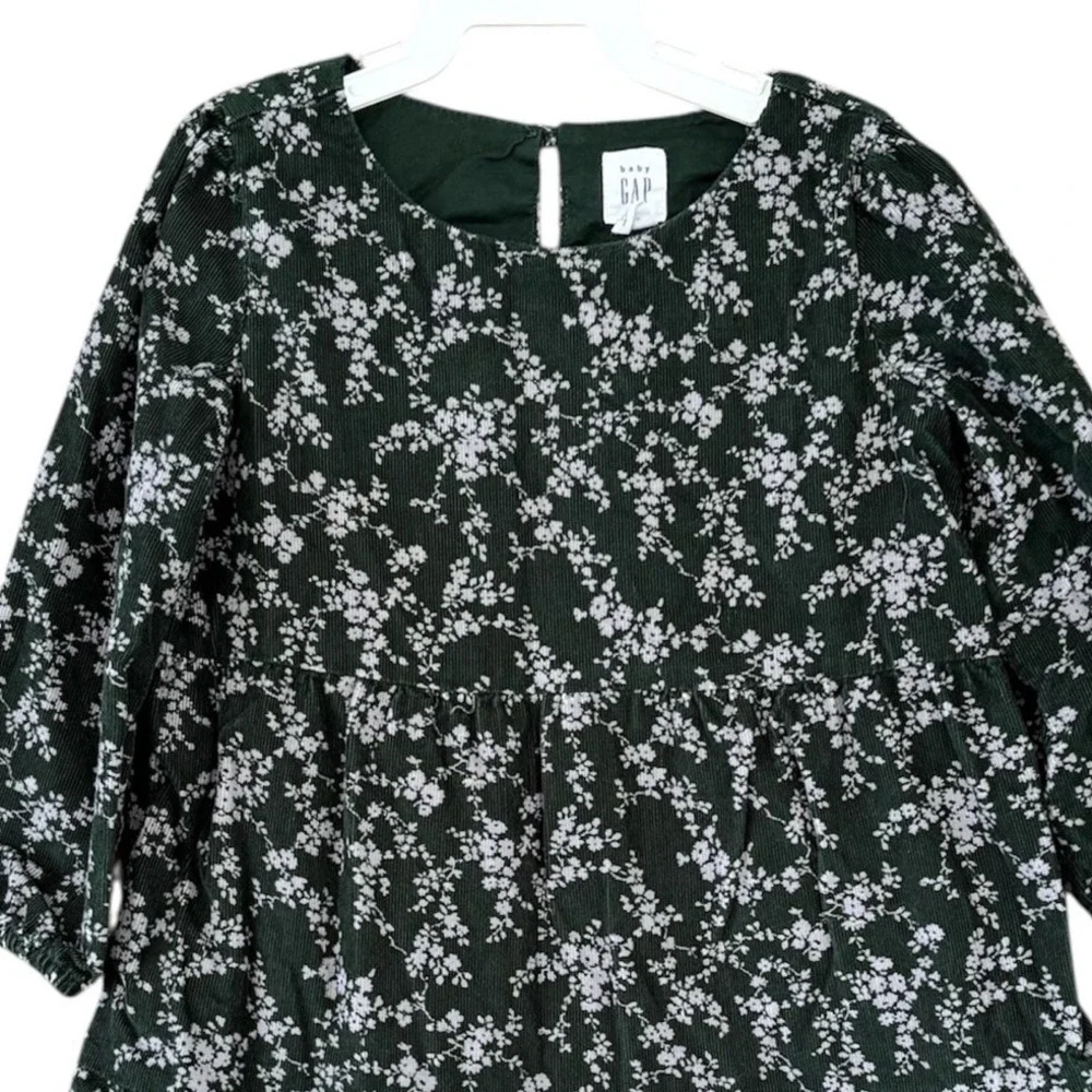 Baby Gap Green Corduroy‎ Dress Girls 4T Fall Winter Foral Lined Holidays Cotton